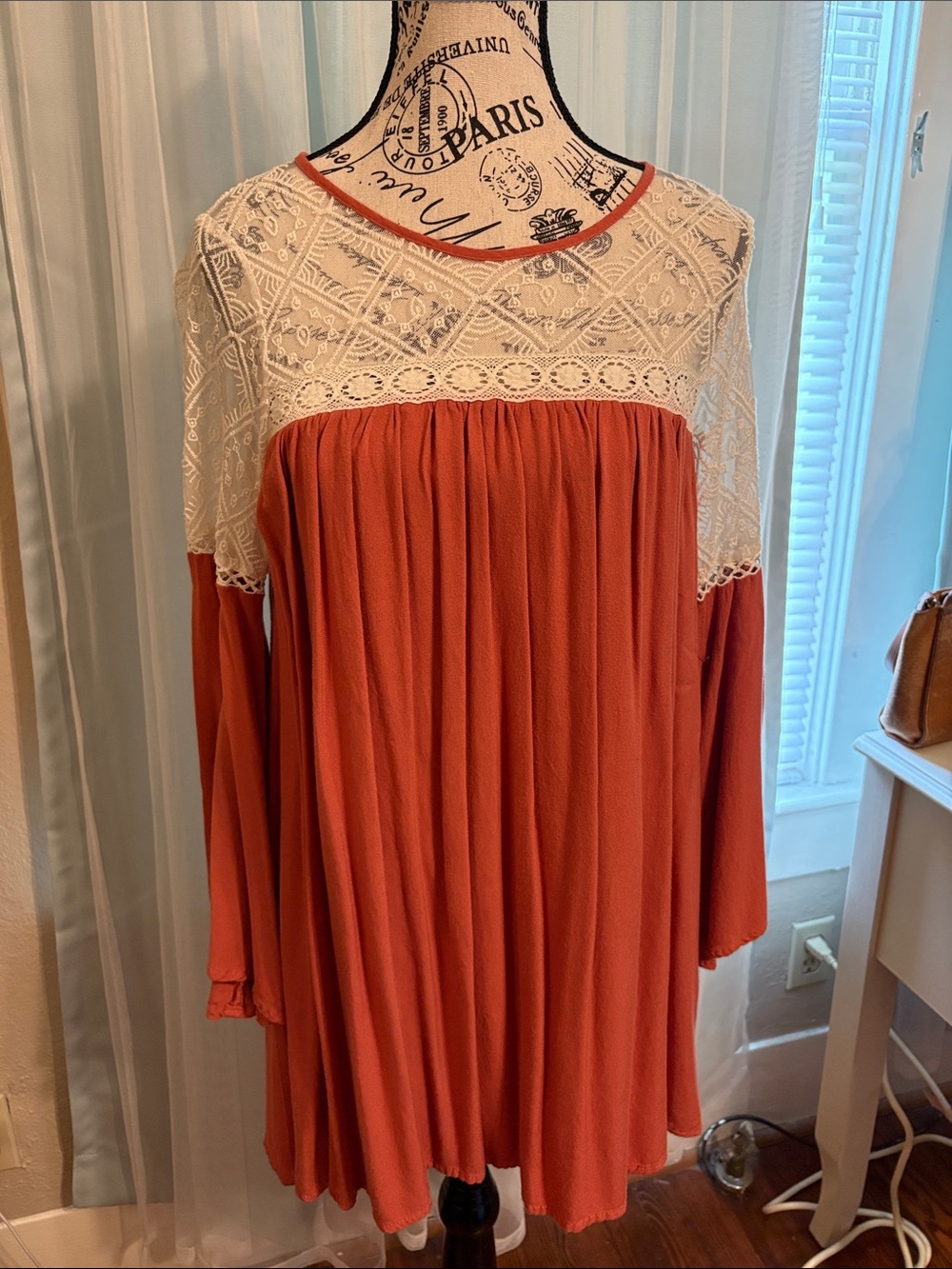 Umgee Rust Orange Long-Sleeve Dress with Cream Lace Yoke